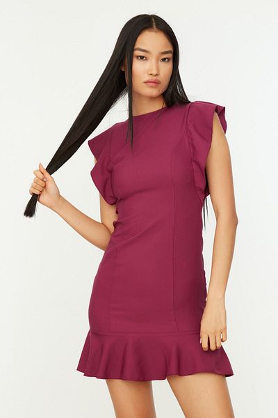 Trendyol Collection Rochie mov împletită, cu mini volante, cu detaliu, decolteu, țesut TWOSS19XB0075
