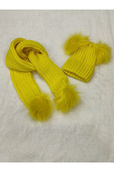 Portakal Bebek Çift Ponpon Atkı Bere Takımı