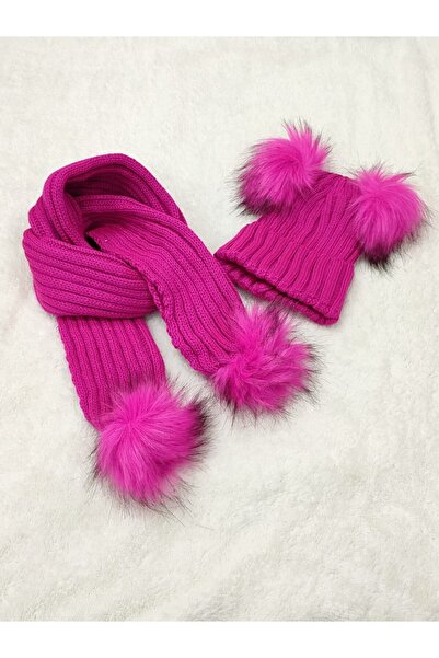 Portakal Bebek مجموعة قبعة وشاح بومبوم مزدوجة