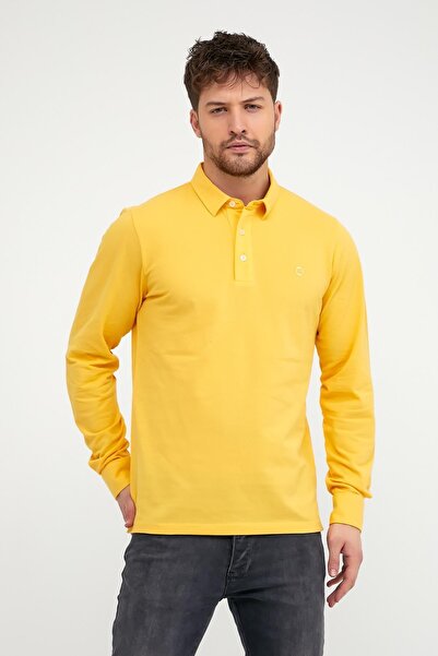 ENQUE تي شيرت رجالي مريح بياقة بولو وأكمام طويلة باللون الأصفر