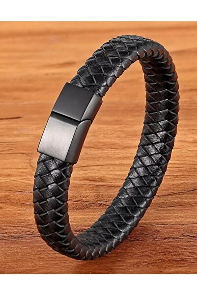 Gogoey Erkek Bileklik Deri Model - Siyah Silver Düz Hasır Örme Şık Modern