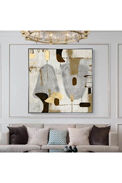 Markazip Gümüş Metal Çerçeveli Gold Gri Şekiller Kanvas Tablo 90x90cm Kod: Kt0010-g