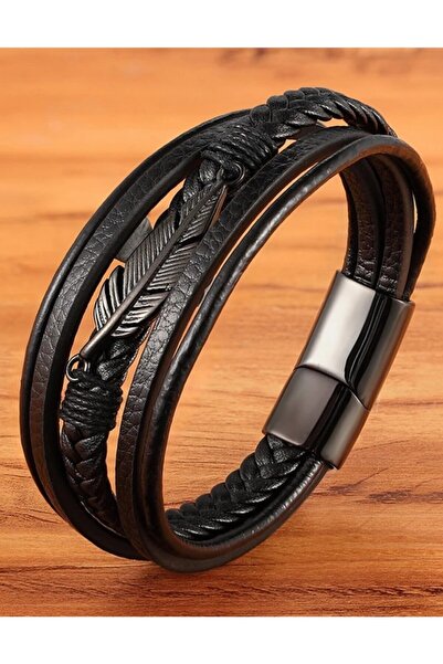 Gogoey سوار رجالي جلد طبيعي موديل ورقة شجر محبوك يدوياً تصميم عصري