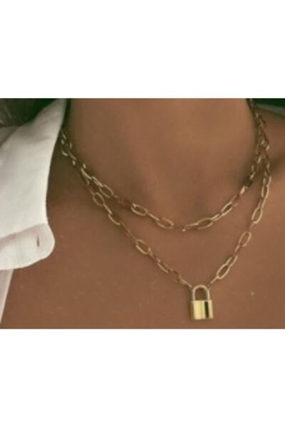 TAKI DÜŞÜ Gold Color Choker Necklace 2 Layers Cute Rectangular Chain Lock Nec...