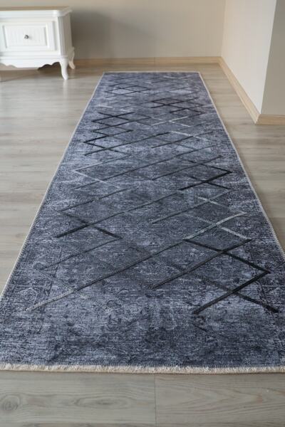 Just Arte Gri Dekoratif Kaymaz Mutfak Kilimi Makinada Yıkanabilir Modern Halı...