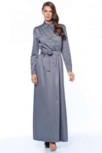Kübra Tekin Gri Klasik Gömlek Elbise