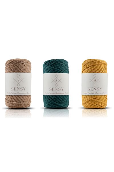 SENSY Premium 3 Twist Macrame 3mm Three Twist Searable Rope Twine Σετ 3 Γαλακτοκόκκινο Καφέ-Νεφτί Πράσινο-μουστάρδα