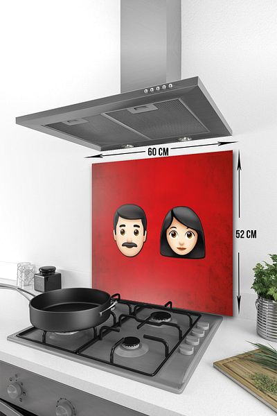 Decorita Familia Emoji |   Femei și bărbați |   Protector de spate pentru aragaz din sticla |   52 cm x 60 cm