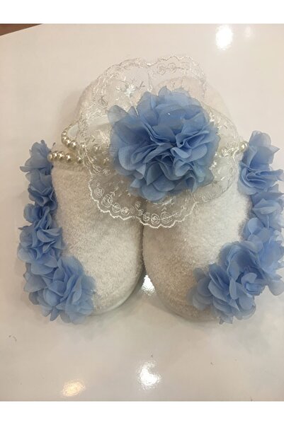 CAN BUTİK Canbutik Mavi Lazer Çiçekli Lohusa Terlik Taç Takım