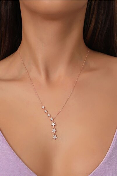 Bilsen Store 925 Ayar Gümüş Zincirli Rose Kaplama Zirkon Taşlı Sıralı Yıldız Kolye