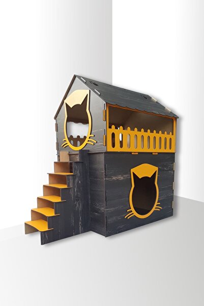 HOBİCİM Süper Set Ahşap Dekoratif Iki Katlı Kedi Ve Köpek Evi Yatak ve Zincir Tasma 3 Lü Takım