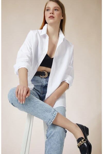 locawear Women's White Oversize Long Basic Shirt