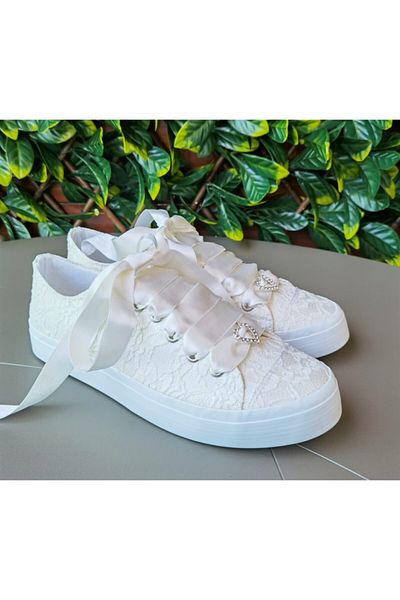 Ayakkabı Tutkusu Stilo ® Bridal Shoes Ivory Sports Lace Over Satin Extreme Comfortable Satin Ribbon