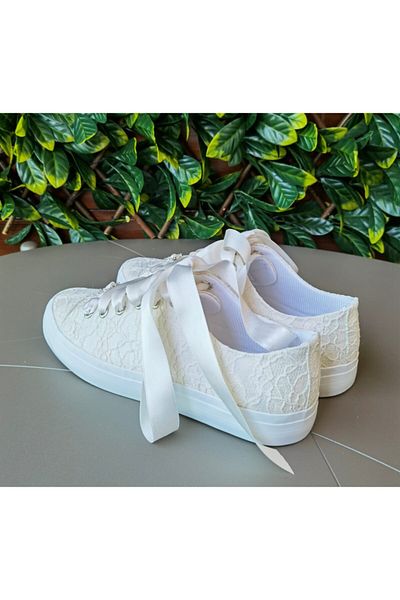 Ayakkabı Tutkusu Stilo ® Bridal Shoes Ivory Sports Lace Over Satin Extreme Comfortable Satin Ribbon
