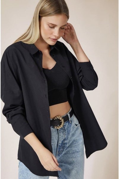 Genel Markalar Kadın Siyah Oversize Uzun Basic Gömlek