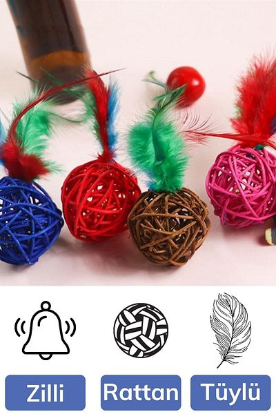 Buffer 2-Piece Rattan Colorful Plush Feather Cat Dog Toy Catching Chewing Rattle Ball Toy
