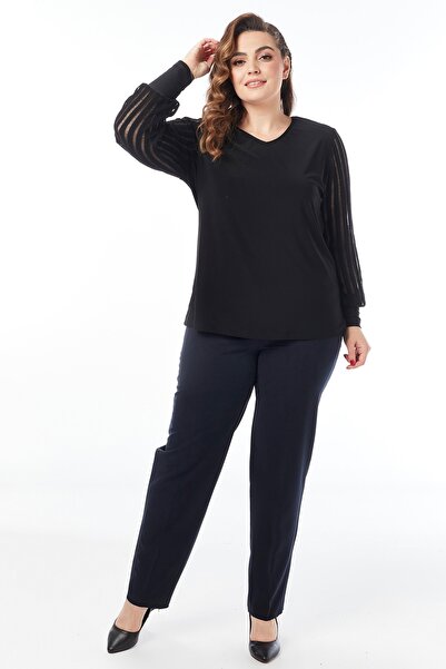 Moda Alba Navy Blue Classic Elastic Waist Υφασμάτινο Παντελόνι Ψηλόμεσο Μεγάλο Μέγεθος