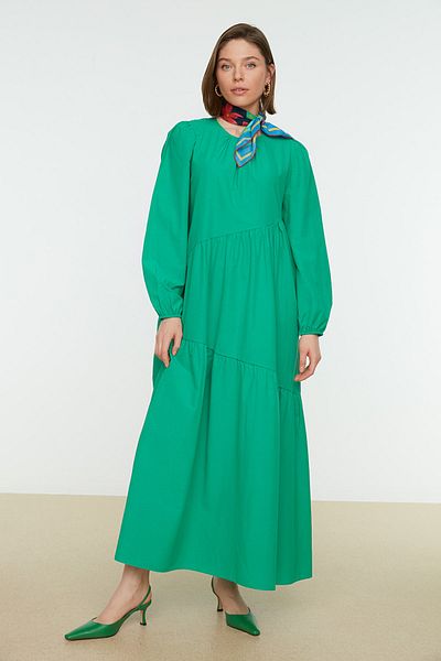Trendyol Modest Green Gather Detailed Cotton Wide Fit tkané šaty TCTSS21EL3470