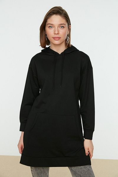 Trendyol Modest Black Hooded Kangaroo Pocket Slit Detailed Basic Knitted Sweatshirt TCTAW22TW0139