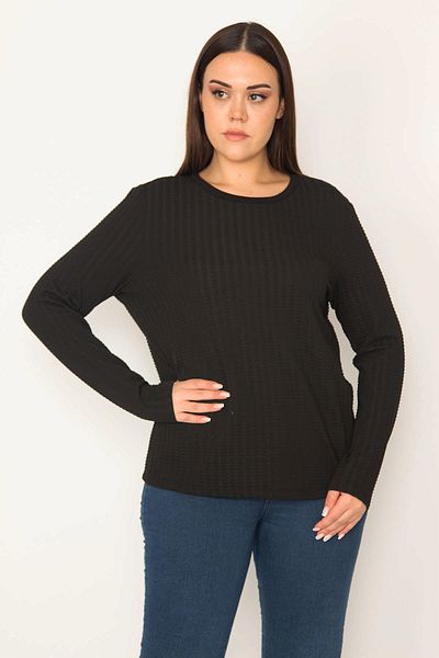 Şans Schwarze Damenbluse mit Rundhalsausschnitt und selbstgeprägtem Muster in Übergröße 65n30616