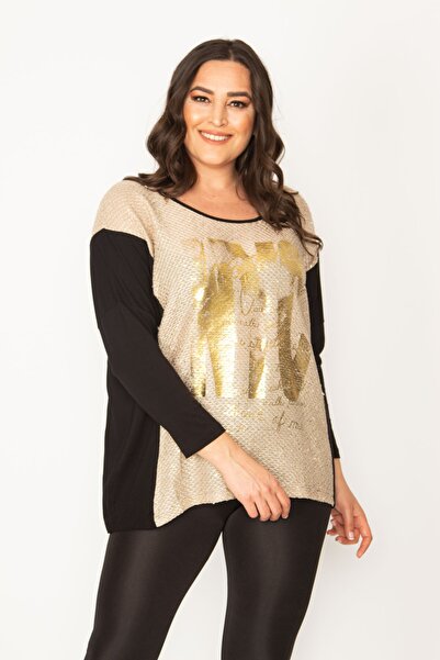 Şans Women's Large Size Black Two-Tone Tunic with Lacquer Print Detail on the Front 65n31028