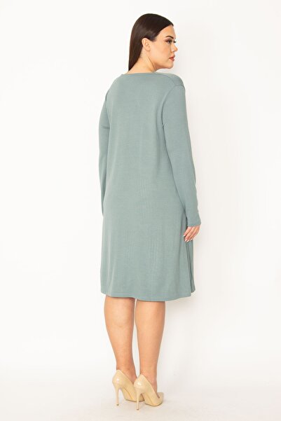Şans Women's Large Size Green V-Neck Long Sleeve Dress 65n34945