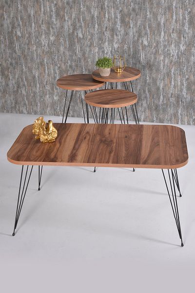GOLDFALEZ Modern Walnut Coffee Table Set with Wire Legs - 4-Piece Nesting Collection