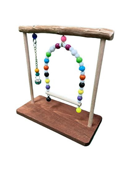 Wooden Bird Stand Perch with Swing and Toy Brown