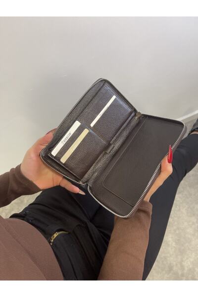 DERKON Πορτοφόλι Unisex από γνήσιο δέρμα σε καφέ χρώμα με θήκη τηλεφώνου και στυλό