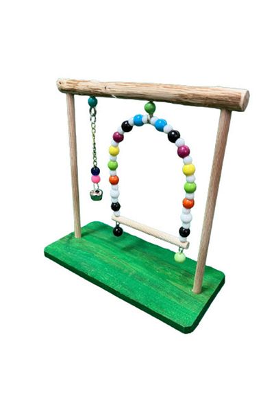 Wooden Bird Stand Perch with Swing and Toy (green Color)