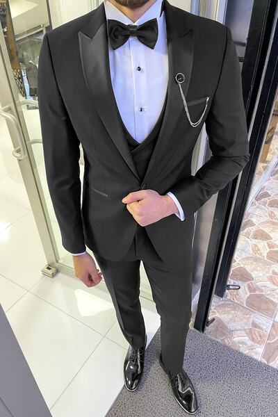 NAZEF Dar Kesim Kırlangıç Yaka Damatlık Yelekli Siyah Takımelbise