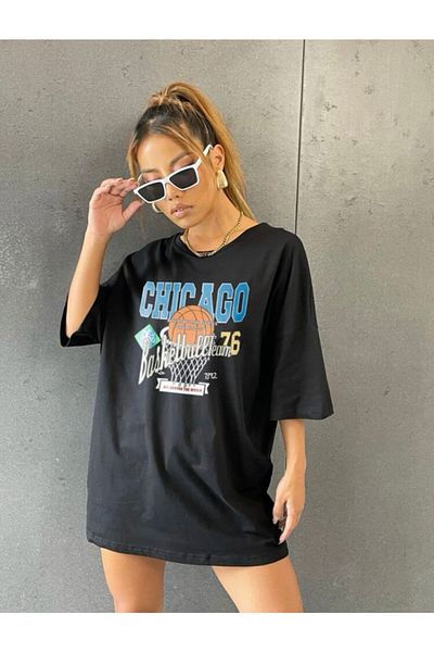 AFROGİYİM Μαύρο μπλουζάκι μπάσκετ Chicago Oversize