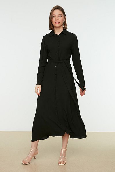 Trendyol Modest Rochie țesută cu curea cu guler cămașă neagră TCTSS21EL3352