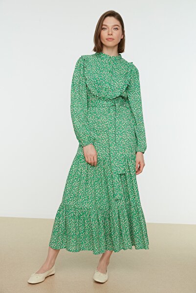 Trendyol Modest Zöld kis virágos nyomott fodros részletes öves szőtt ruha TCTSS21EL3340