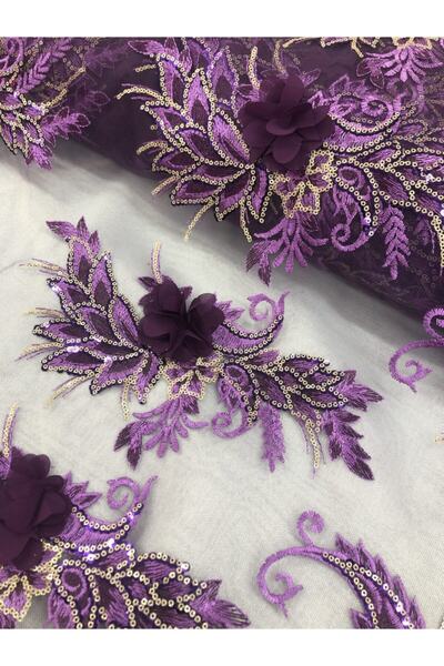 öztayteks Mor 3 Boyutlu Çiçek Işlemeli Pullu Tül Kumaş Tül01