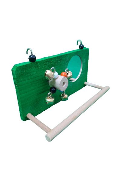 Wooden Bird Wheel And Mirrored Side Wire Perch (GREEN COLOR)