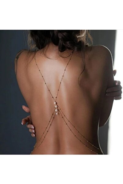 Qielle Top Zincirli Gerçek Inci Detay Vücut Zinciri / Body Chain / Vücut Aksesuarı / Sırt Zinciri