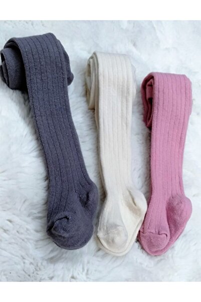 BEBEĞİME ÇORAP 3 Pack Ribbed Baby Socks / Children's Pantyhose Grey-cream-ros...