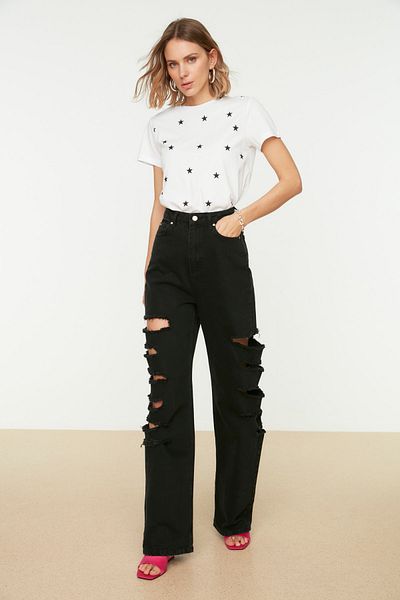 Trendyol Collection Λευκό 100% βαμβακερό μπλουζάκι με στάμπα με κανονική/κανονική εφαρμογή πλεκτή λαιμόκοψη TWOSS20TS0757
