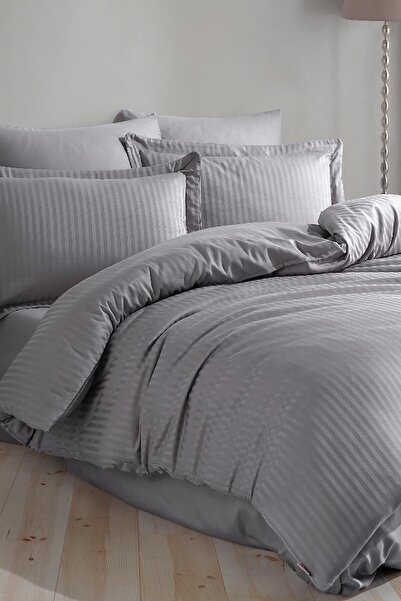 Hobby Ριγέ Σατέν Σετ Παπλωματοθήκη Διπλού Μεγέθους Ζακάρ Γκρι