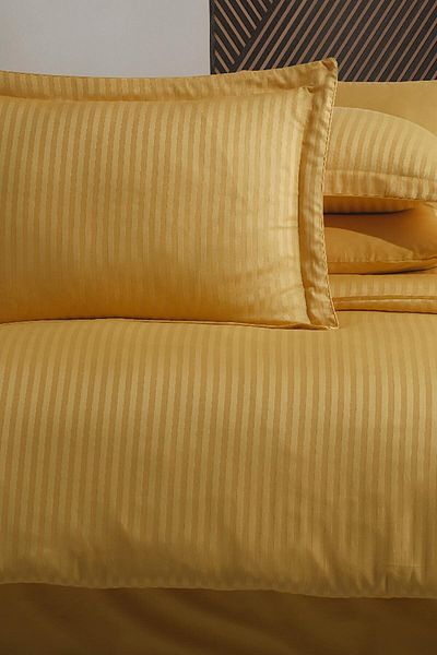 Hobby Striped Satin Double Jacquard Duvet Cover Set - Mustard