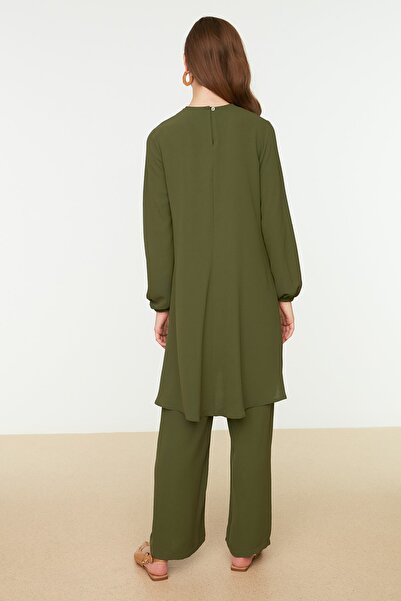 Trendyol Modest Khaki Elastic Sleeve Wide Leg Aerobin Tunic-Pants Woven Set TCTSS22US0023