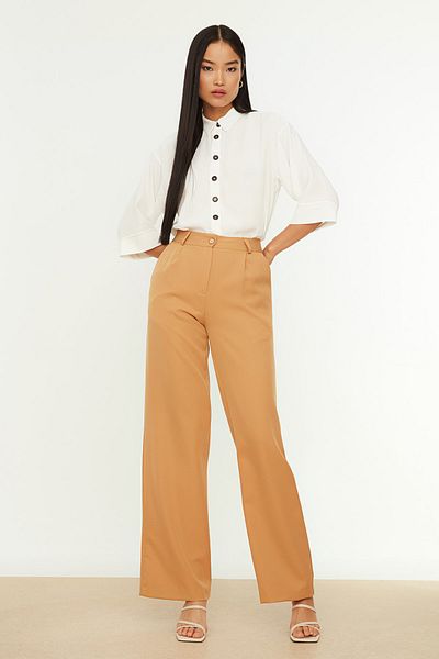 Trendyol Collection Brown High Waist Wide Leg/Wide Leg Pleated Woven Trousers TWOAW21PL0076