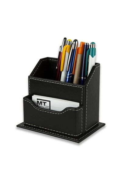 SEDEF SİLVER Desktop Leather Office Black Compartmented Pen Holder
