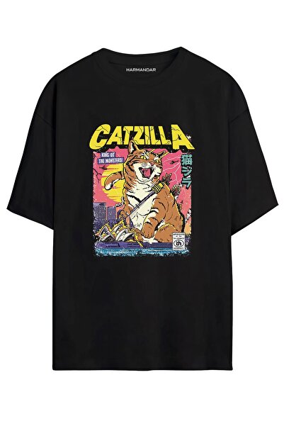 Harmandar Retro Catzilla Baskılı Unisex Siyah Oversize T-shirt