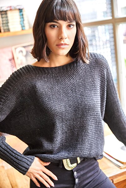 Olalook Pulover de damă din tricot tip fagure cu mâneci antracit KZK-19000399