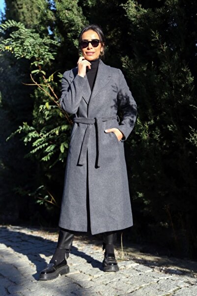 ASHCO Gri Astarlı Bel Kemerli Düğmesiz Kaşe Kaban