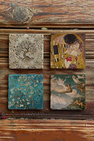 Oscar Stone Decor Taş Bardak Altlığı Stone Coasters - 4lü Set Tablo Kolleksiy...