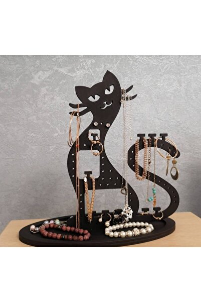 DİKEN STORE Ahşap Dekoratif Kedi Kolye Küpe Bileklik Takı Standı Organizer