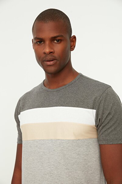 Trendyol Collection Μπλουζάκι με κοντό μανίκι με λαιμόκοψη Anthracite Colour Blocked - TMNSS20TS0166